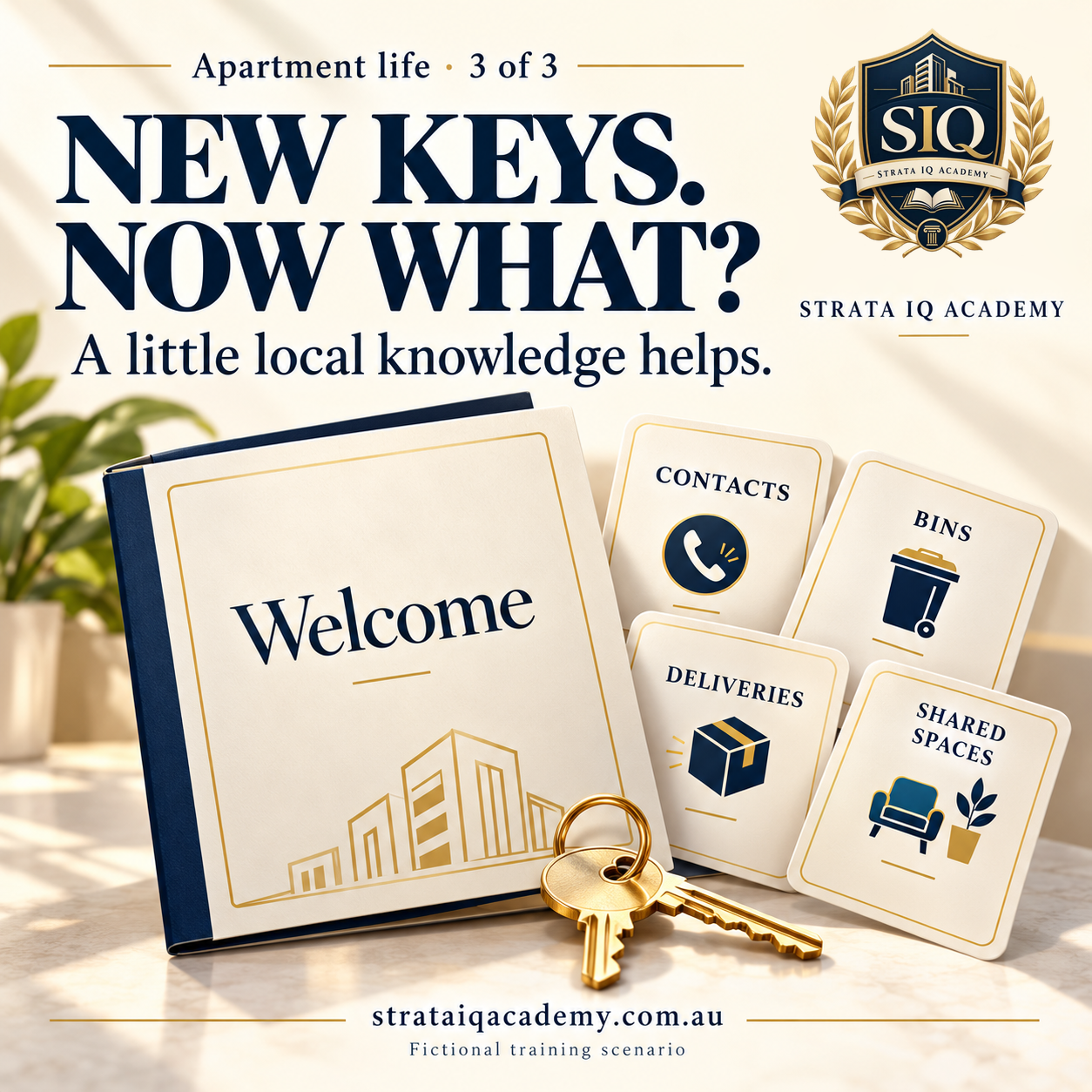 STRATA IQ Academy illustration of keys beside a welcome folder containing cards labelled Contacts, Bins, Deliveries and Shared Spaces.
