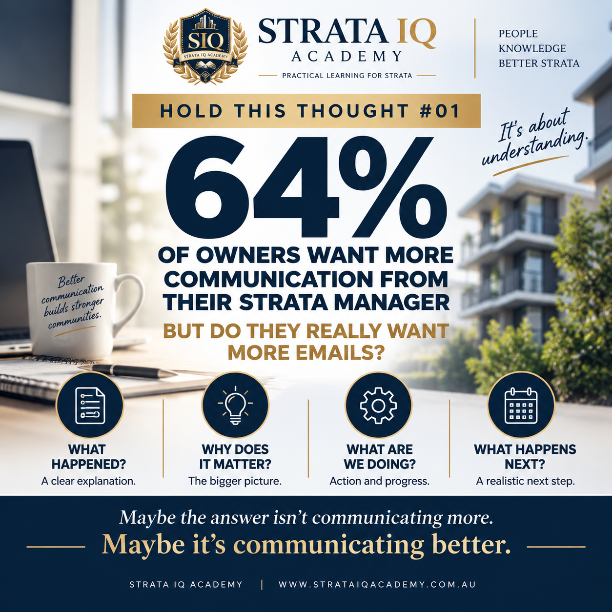 Hold This Thought number 01 graphic explaining that 64 percent of owners want more communication and the four questions a useful strata update should answer