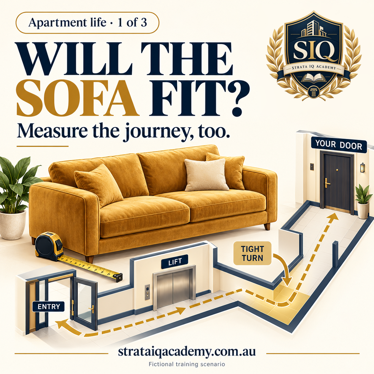 STRATA IQ Academy illustration of a sofa's route through an apartment building, with a tight turn between the lift and the apartment highlighted.