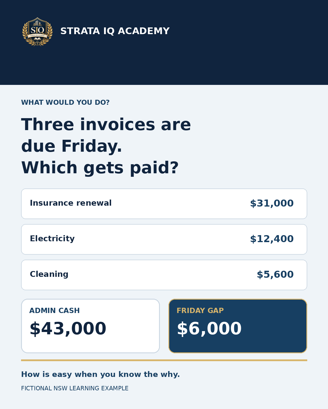 STRATA IQ Academy What Would You Do? artwork: insurance $31,000, electricity $12,400 and cleaning $5,600 due Friday against $43,000 administrative cash, leaving a $6,000 gap.