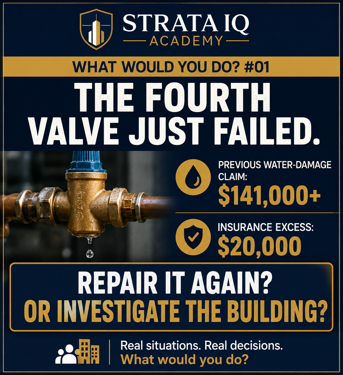 WHAT WOULD YOU DO number 01 scenario asking whether a fourth failed valve should be repaired again or investigated as a building-wide problem